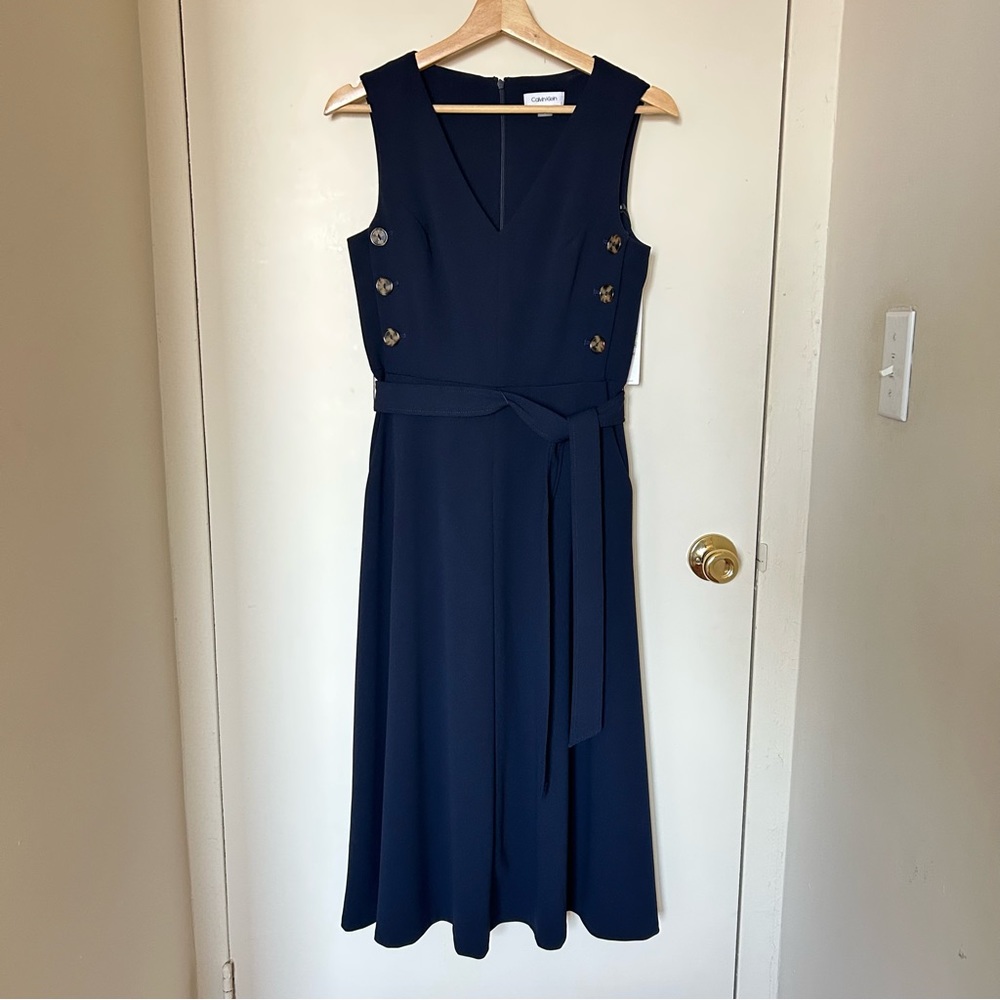 NWT Calvin Klein Sleeveless V-Neck Midi Dress with Side Buttons
